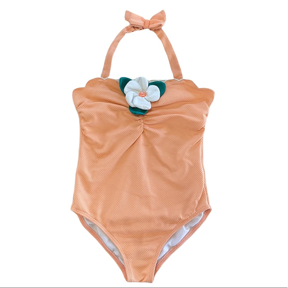 Janie and Jack textured orange melon halter one piece bathing suit with flower